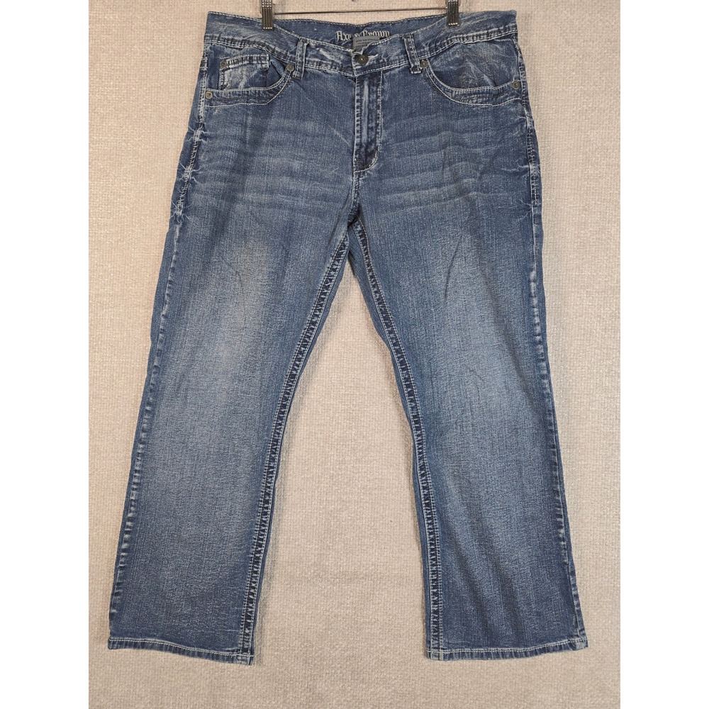Axe‎ & Crown Mens Slim Boot Jeans 36x29 Blue Distressed Thick Stitch Embroidered